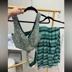 Embellished Teal Green Saree with Mirror Work Blouse